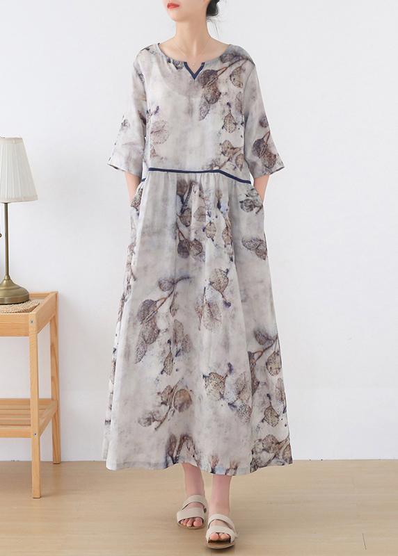 Chic Blue Print V Neck Summer Ramie Vacation Dresses - Omychic