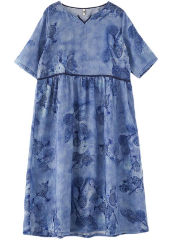 Chic Blue Print V Neck Summer Ramie Vacation Dresses - Omychic