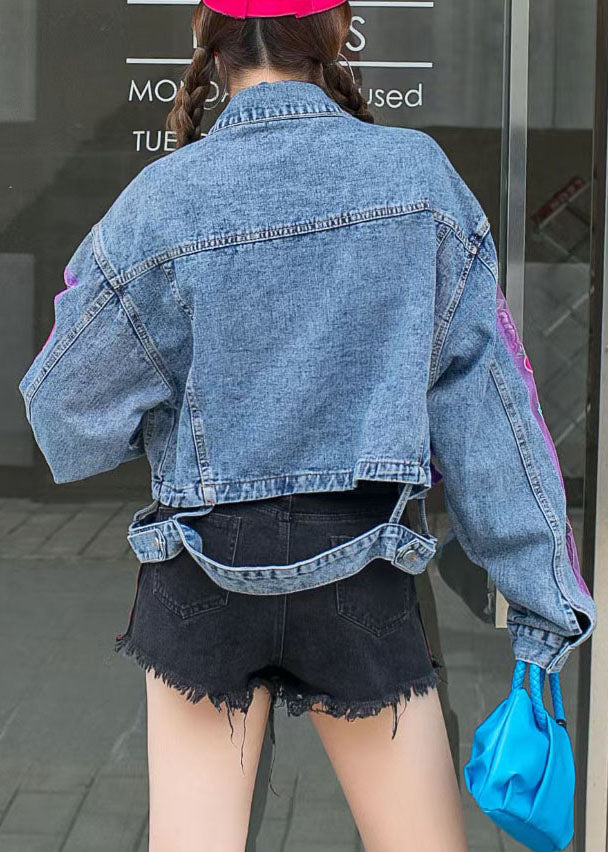 Chic Blue Ruffled Tulle Embroideried Patchwork Denim Jacket Spring