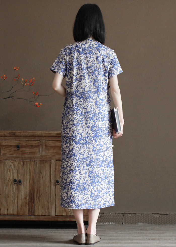 Chic Blue Stand Collar Print Side Open Cotton Long Dress Short Sleeve