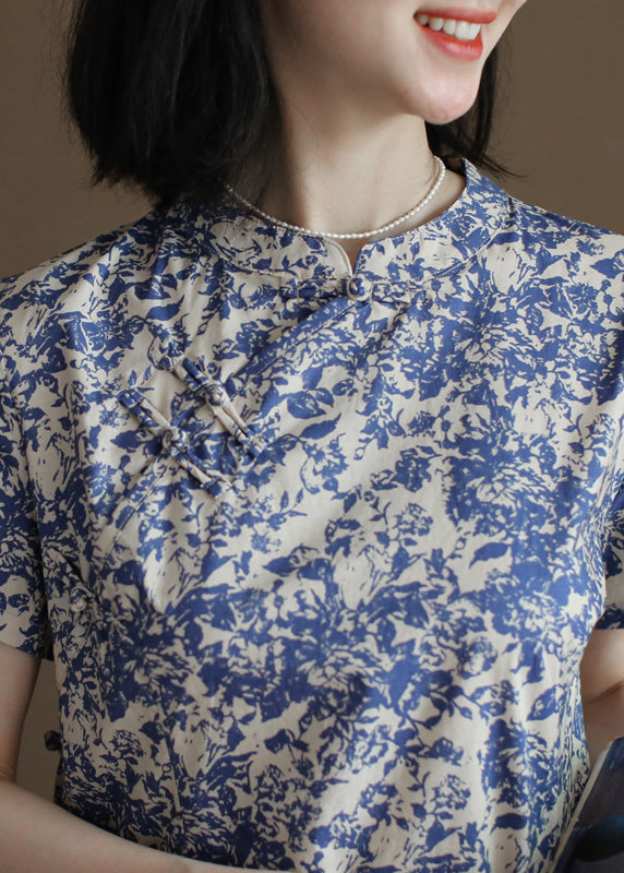 Chic Blue Stand Collar Print Side Open Cotton Long Dress Short Sleeve