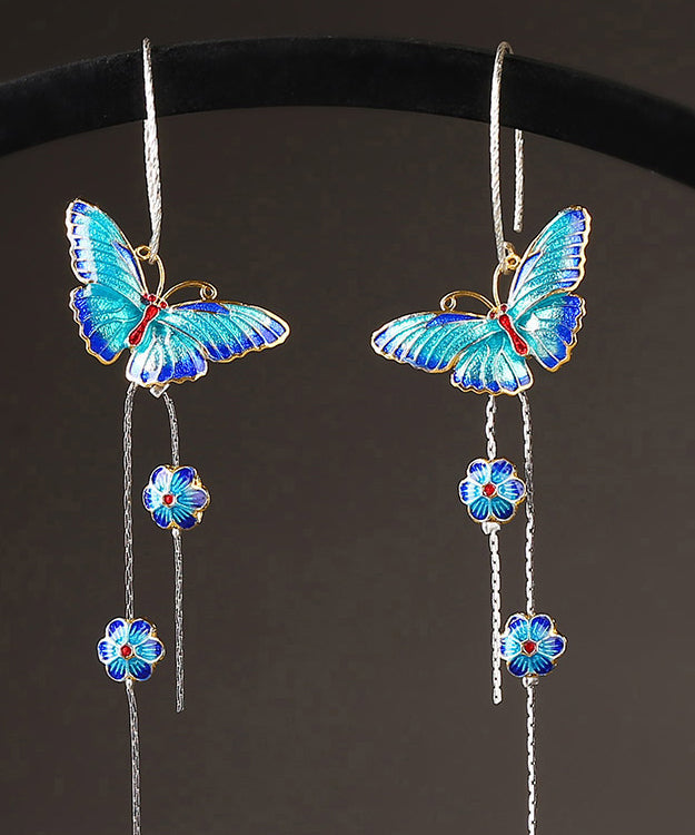 Chic Blue Sterling Silver Cloisonne Butterfly Floral Drop Earrings