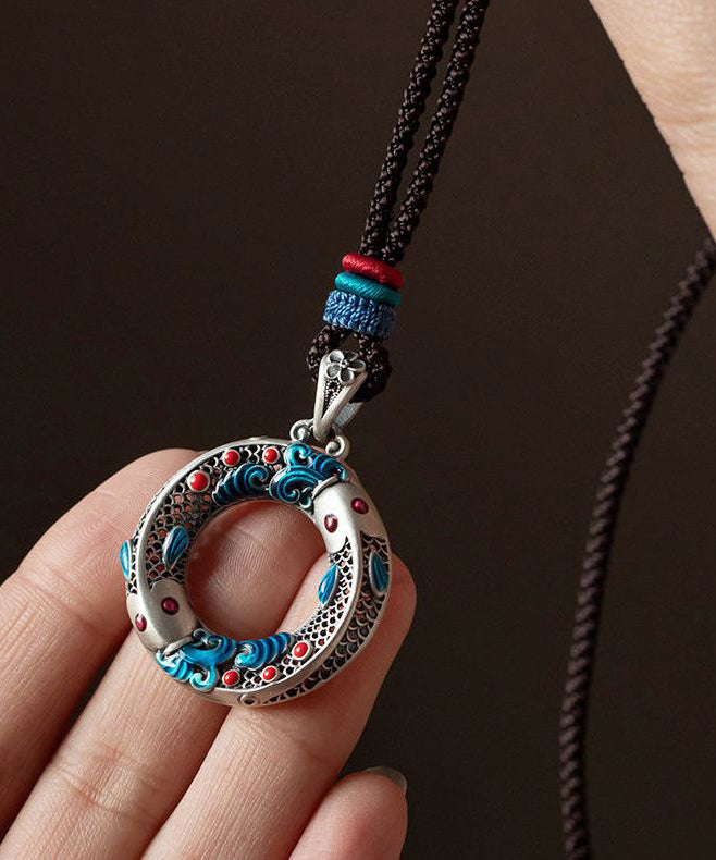 Chic Blue Sterling Silver Cloisonne Lucky Charm Pendant Necklace - Omychic
