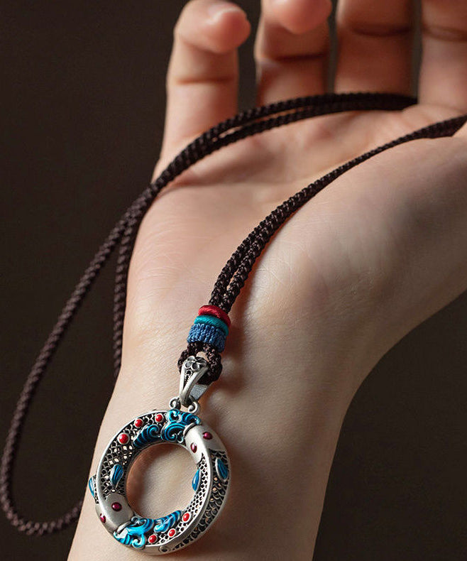Chic Blue Sterling Silver Cloisonne Lucky Charm Pendant Necklace - Omychic