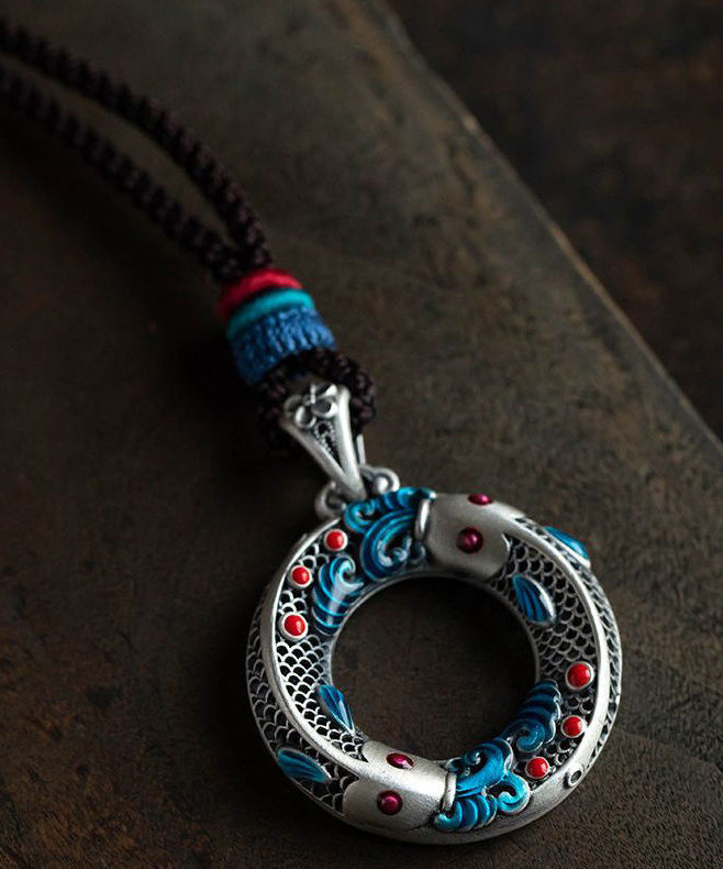 Chic Blue Sterling Silver Cloisonne Lucky Charm Pendant Necklace - Omychic