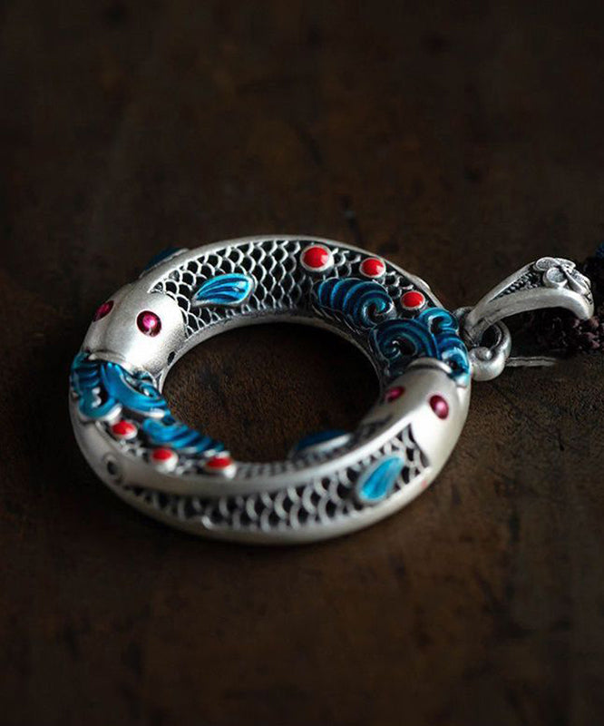Chic Blue Sterling Silver Cloisonne Lucky Charm Pendant Necklace - Omychic