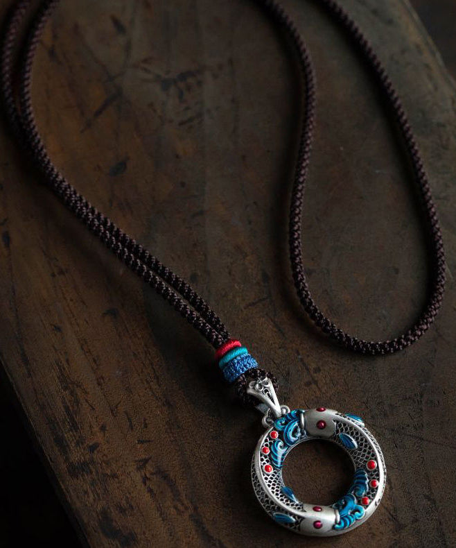 Chic Blue Sterling Silver Cloisonne Lucky Charm Pendant Necklace - Omychic