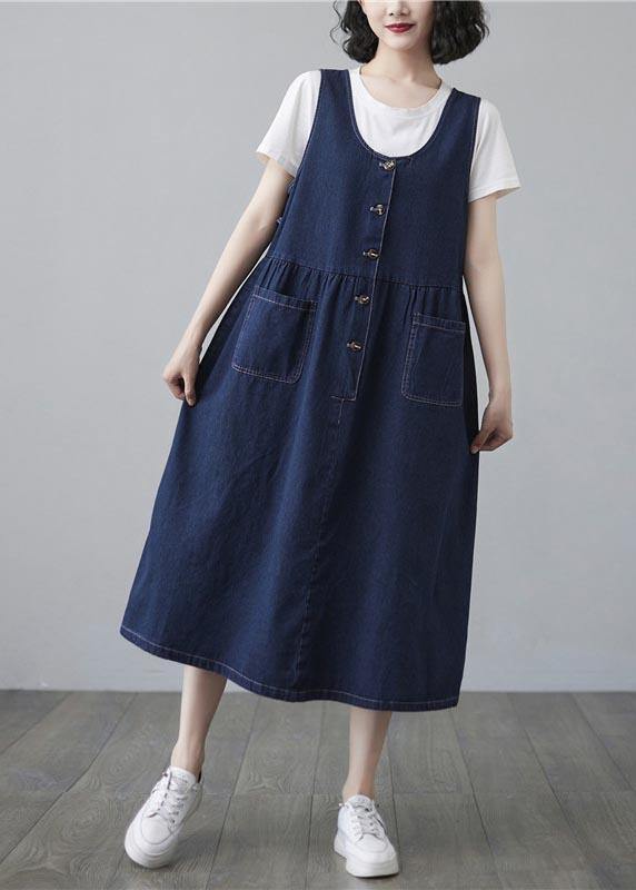 Chic Blue Summer Pockets Button Cotton Dresses - Omychic