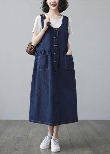 Chic Blue Summer Pockets Button Cotton Dresses - Omychic