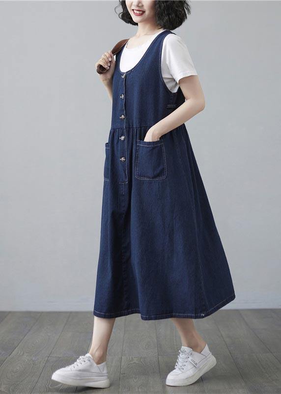 Chic Blue Summer Pockets Button Cotton Dresses - Omychic