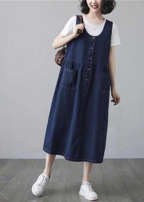 Chic Blue Summer Pockets Button Cotton Dresses - Omychic