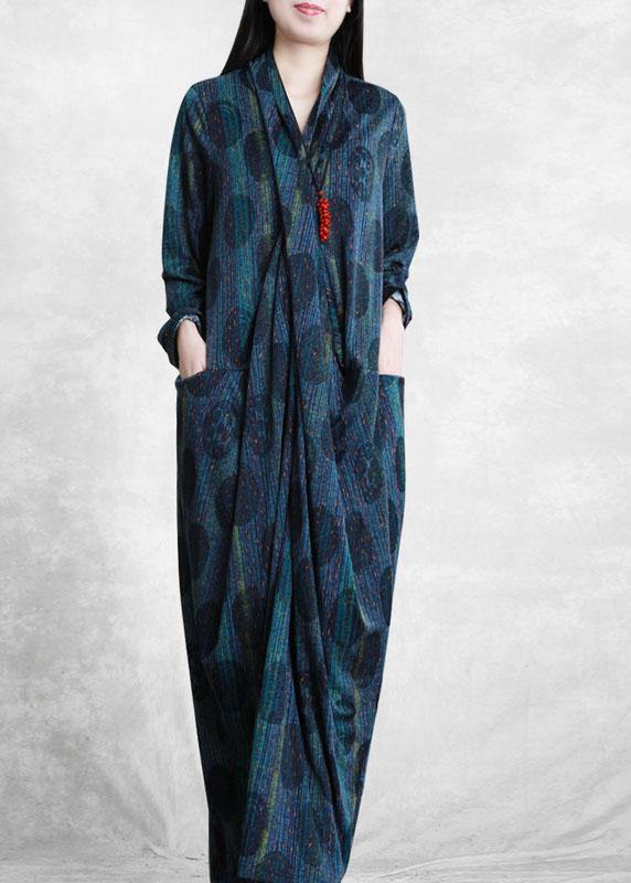 Chic Blue V Neck Pockets Fall Print Maxi Dresses Long sleeve - Omychic
