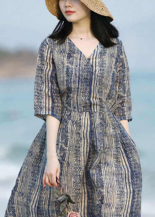 Chic Blue V Neck Striped Patchwork Pockets Linen Dresses Short Sleeve