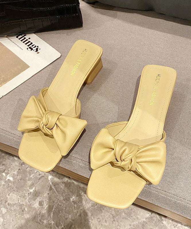 Chic Bow Splicing Chunky Yellow Faux Leather Slide Sandals