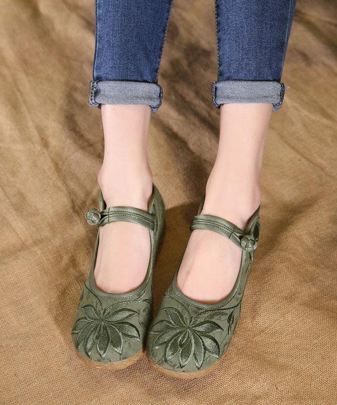 Chic Buckle Strap Flat Feet Shoes Green Embroideried Cotton Fabric