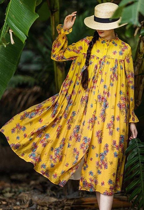 Chic Clothes Women Casual PLUS Size Spring Stand Collar Pleated Yellow Floral Dress - Omychic