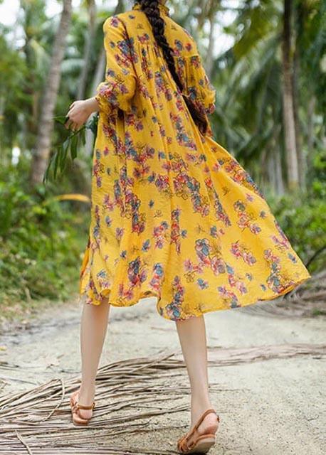 Chic Clothes Women Casual PLUS Size Spring Stand Collar Pleated Yellow Floral Dress - Omychic