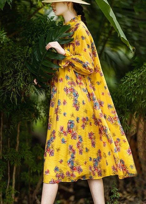 Chic Clothes Women Casual PLUS Size Spring Stand Collar Pleated Yellow Floral Dress - Omychic