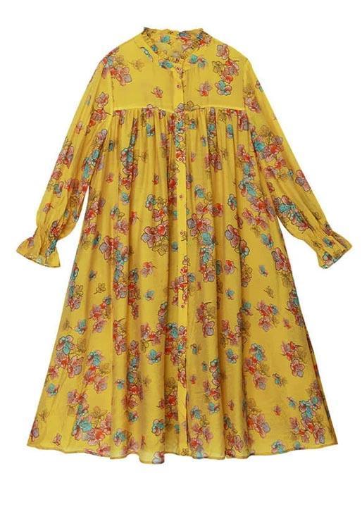 Chic Clothes Women Casual PLUS Size Spring Stand Collar Pleated Yellow Floral Dress - Omychic