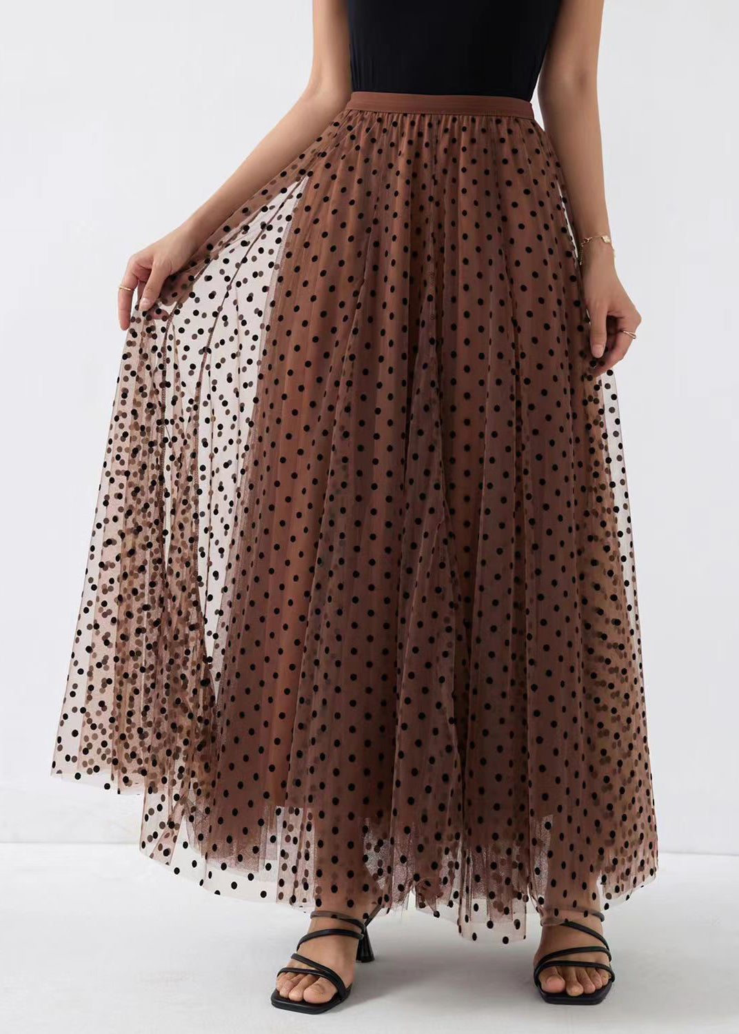 Chic Coffee Dot Wrinkled High Waist Tulle Skirt Spring