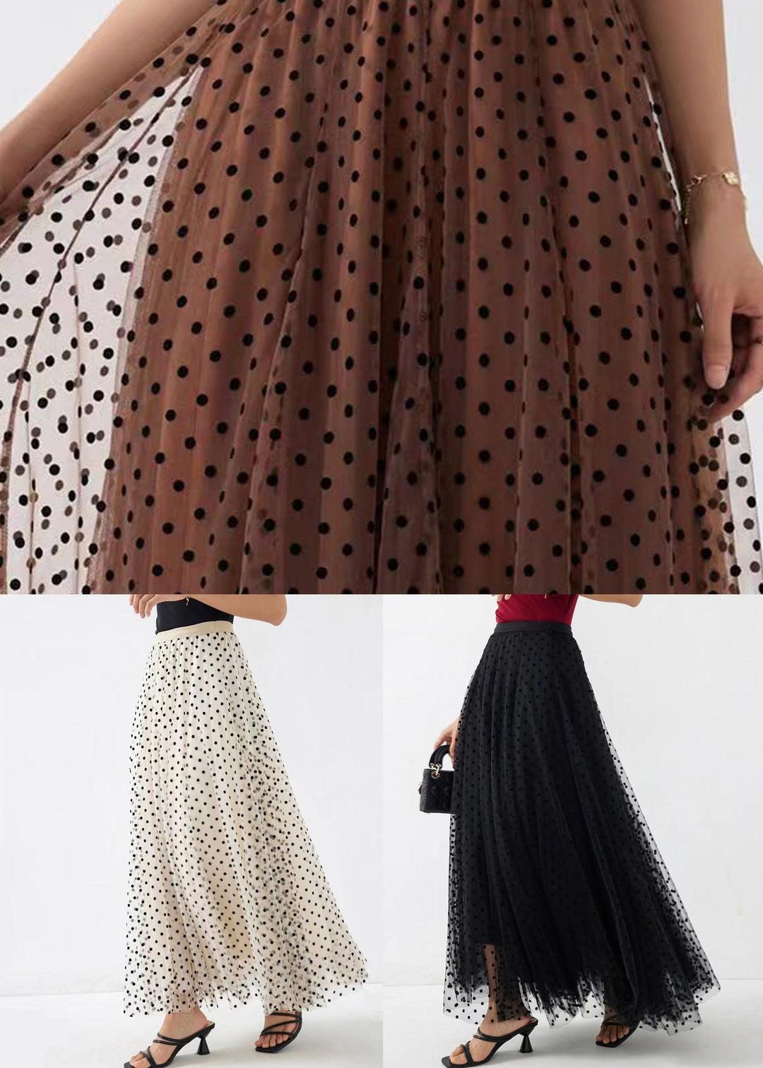 Chic Coffee Dot Wrinkled High Waist Tulle Skirt Spring