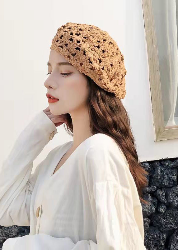 Chic Coffee Flower Hollow Out Knit Beret Hat