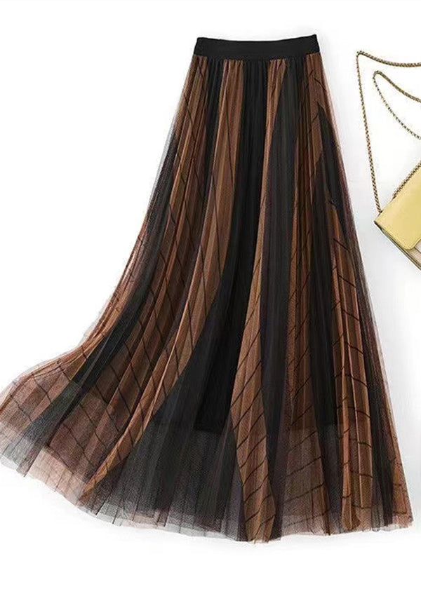 Chic Coffee Gradient Elastic Waist Pleated Skirt Spring