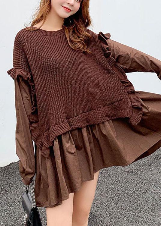 Chic Coffee Knit Patchwork Ruffled Fall sweaters - Omychic