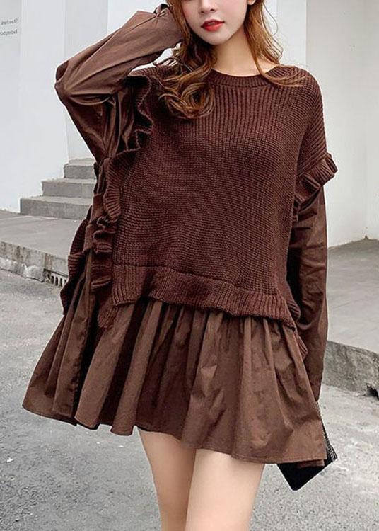 Chic Coffee Knit Patchwork Ruffled Fall sweaters - Omychic