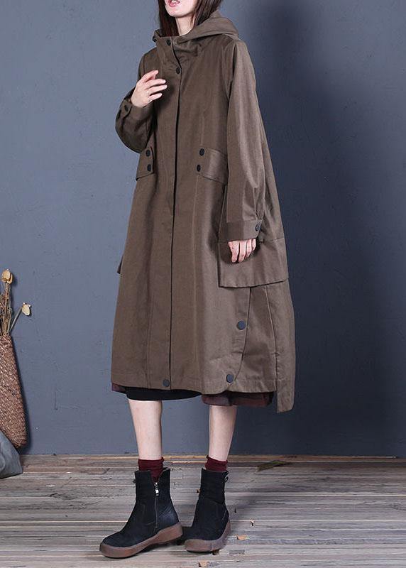 Chic Coffee Loose zippered Button Fall Hoodie Coat trench coats - Omychic