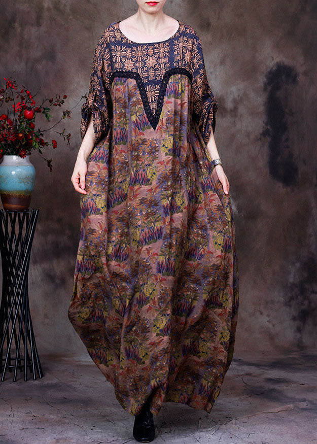 Chic Coffee O-Neck Lace Patchwork Print Silk Dresses Long Sleeve