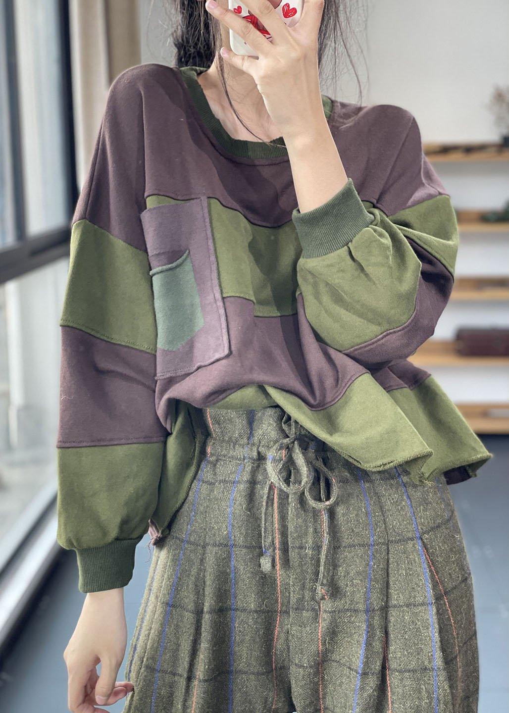 Chic Coffee O-Neck Striped Hole Casual Fall Pullover Sweatshirt - Omychic