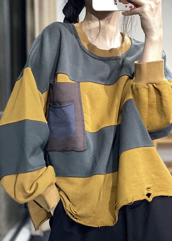 Chic Coffee O-Neck Striped Hole Casual Fall Pullover Sweatshirt - Omychic