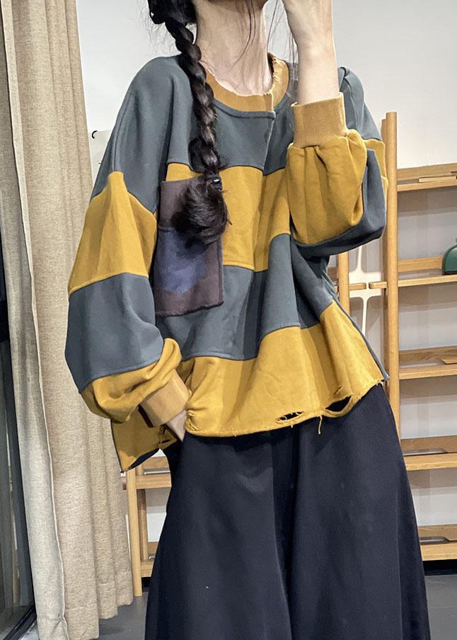 Chic Coffee O-Neck Striped Hole Casual Fall Pullover Sweatshirt - Omychic