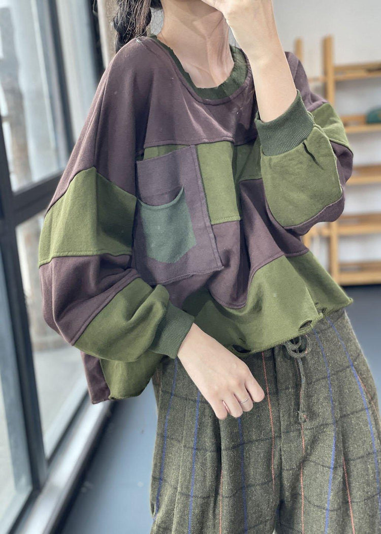 Chic Coffee O-Neck Striped Hole Casual Fall Pullover Sweatshirt - Omychic