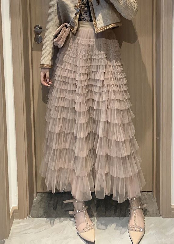 Chic Coffee Pink Ruffled Layered Patchwork Tulle Skirt Spring