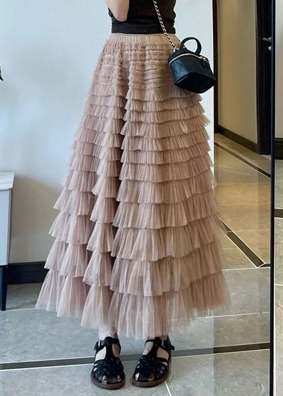 Chic Coffee Pink Ruffled Layered Patchwork Tulle Skirt Spring