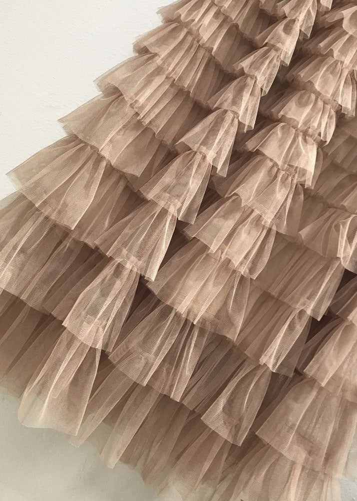 Chic Coffee Pink Ruffled Layered Patchwork Tulle Skirt Spring