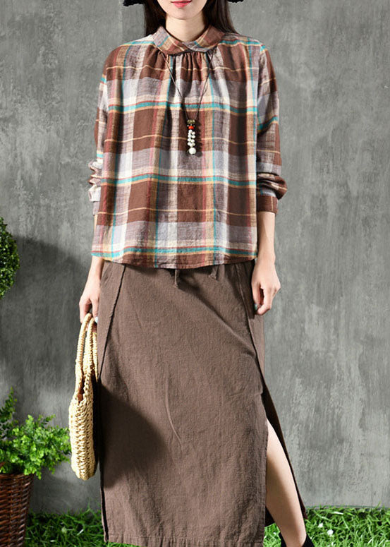 Chic Coffee Plaid Peter Pan Collar Patchwork Linen Blouse Tops Spring
