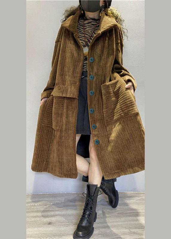 Chic Coffee Pockets Button Corduroy Loose Fall Long sleeve Coats - Omychic