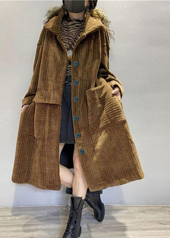 Chic Coffee Pockets Button Corduroy Loose Fall Long sleeve Coats - Omychic