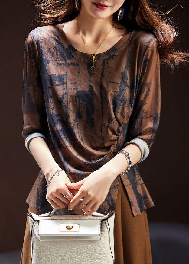 Chic Coffee Print Asymmetrical Wrinkled Top Long Sleeve