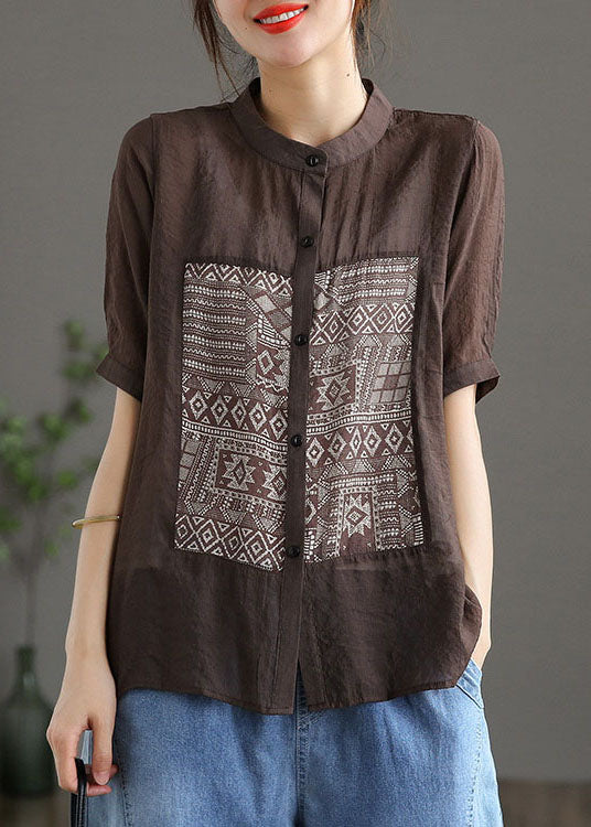 Chic Coffee Stand Collar Print Patchwork Cotton Top Short Sleeve