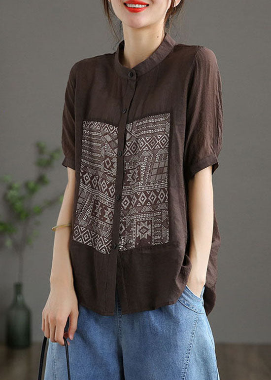 Chic Coffee Stand Collar Print Patchwork Cotton Top Short Sleeve