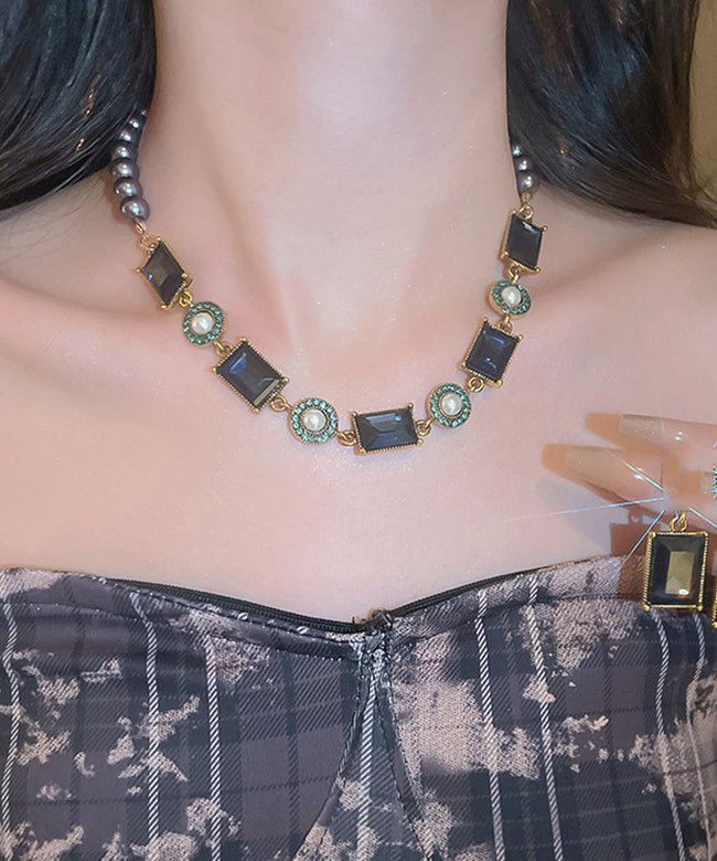 Chic Colorblock Alloy Pearl Zircon Collar Necklace