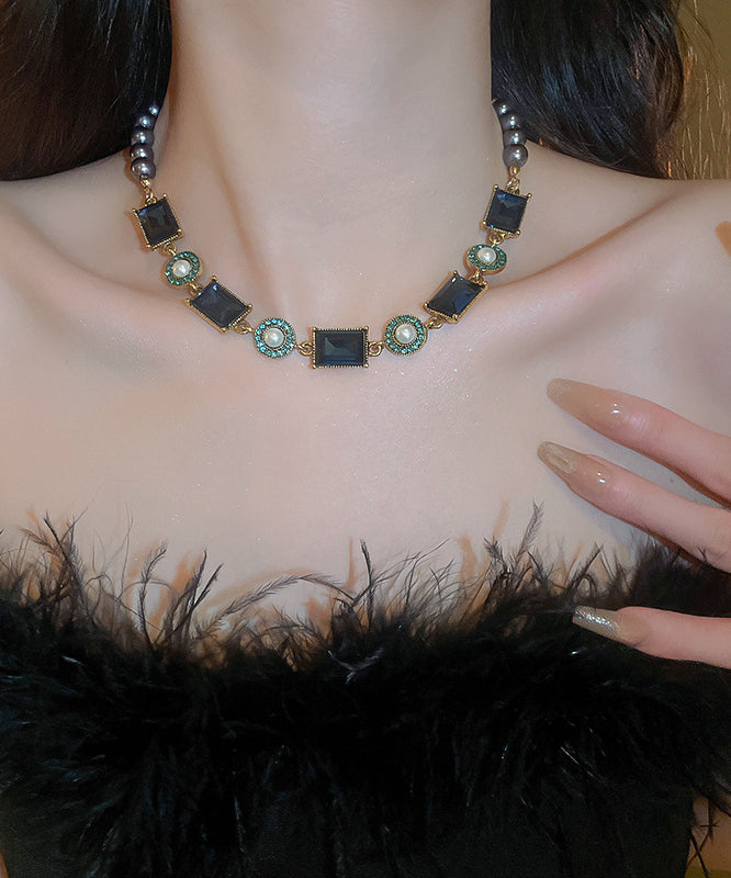 Chic Colorblock Alloy Pearl Zircon Collar Necklace