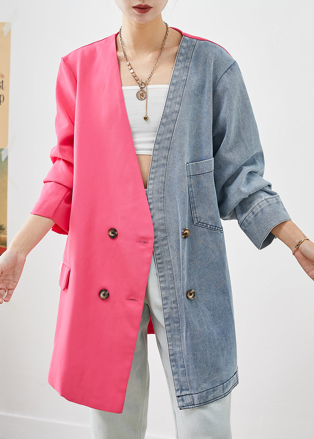 Chic Colorblock Asymmetrical Patchwork Double Breast Cotton Coats Fall