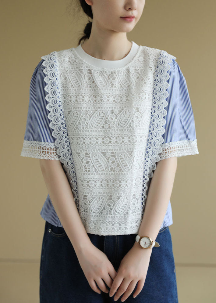 Chic Colorblock O-Neck Patchwork Striped Lace Shirt Short Sleeve - Omychic