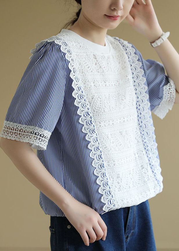 Chic Colorblock O-Neck Patchwork Striped Lace Shirt Short Sleeve - Omychic