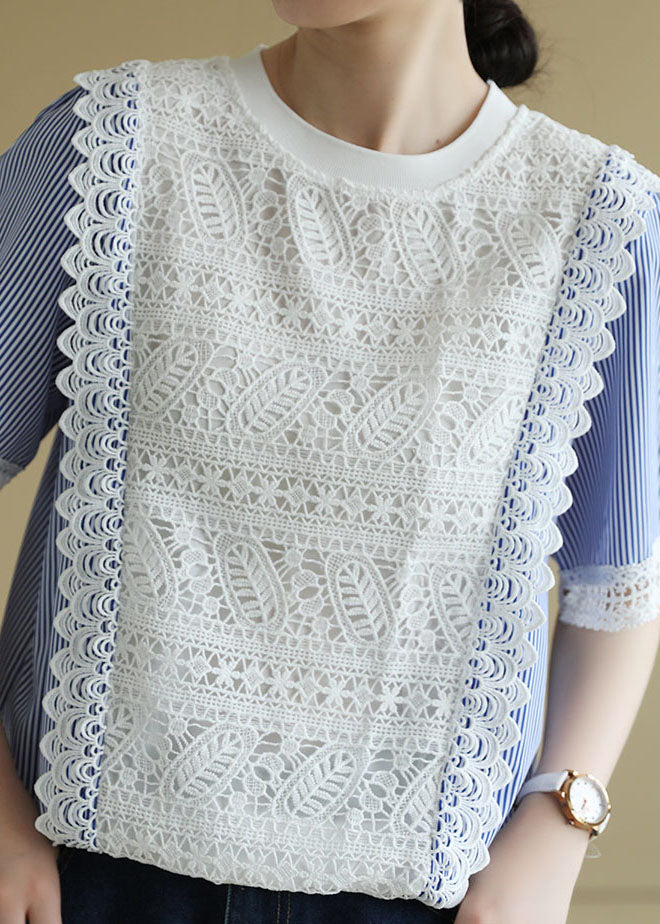 Chic Colorblock O-Neck Patchwork Striped Lace Shirt Short Sleeve - Omychic
